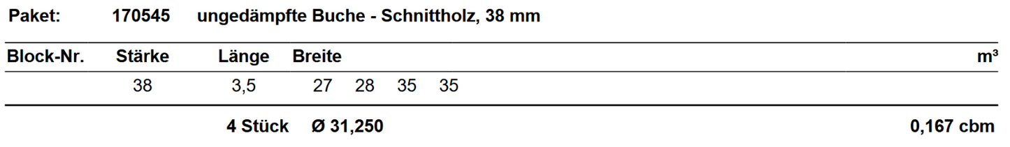 ungedämpfte Buche Schnittholz Unikat, 38mm, #170545
