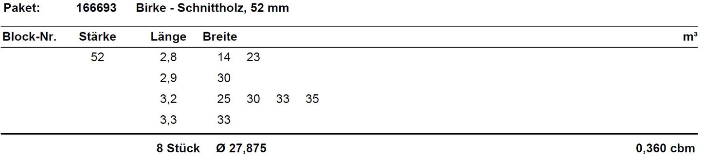 Birke Schnittholz unbesäumt, 52mm #166693
