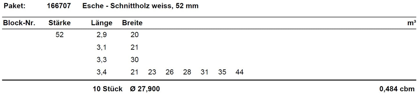 Esche Schnittholz unbesäumt, 52mm, Qualität A/B 1 seitig weiß, #166707