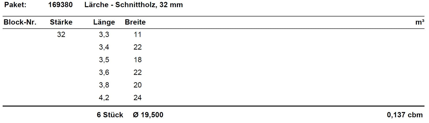 Lärche Schnittholz unbesäumt, 32mm, Qualität A/B,  #169380