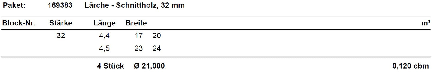 Lärche Schnittholz unbesäumt, 32mm, Qualität A/B,  #169383