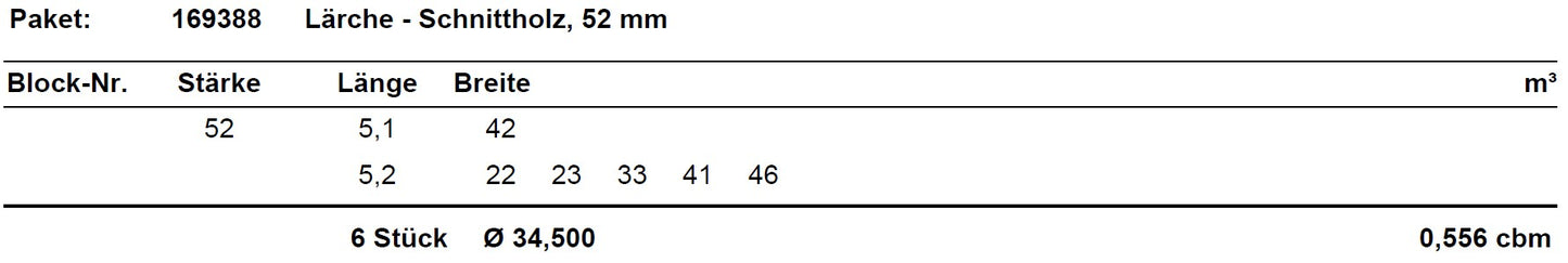 Lärche Schnittholz unbesäumt, 52mm, Qualität A/B,  #169388