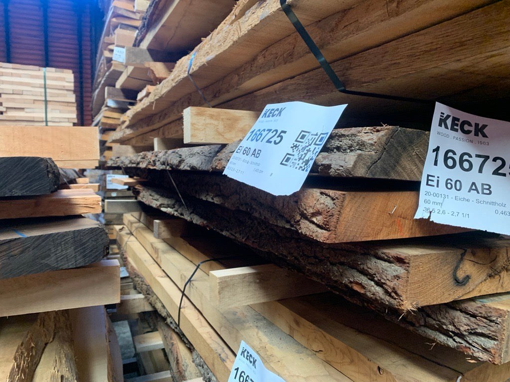 Eiche Schnittholz unbesäumt, 60mm, Qualität A/B, mit Rinde #166725